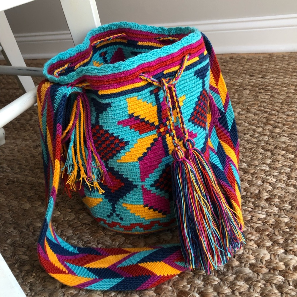 New: Wayuu Mochila Tasseled Cotton Drawstring Bucket Bag - Picture 4 of 12